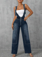 Zip Front Wide Strap Denim Overalls