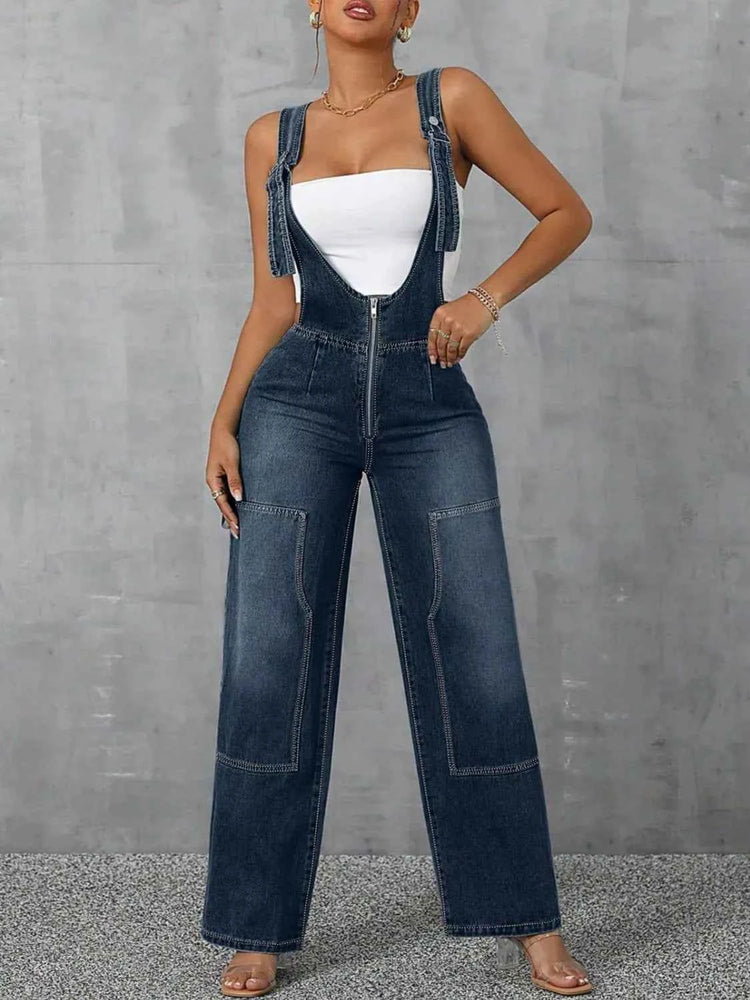 Zip Front Wide Strap Denim Overalls