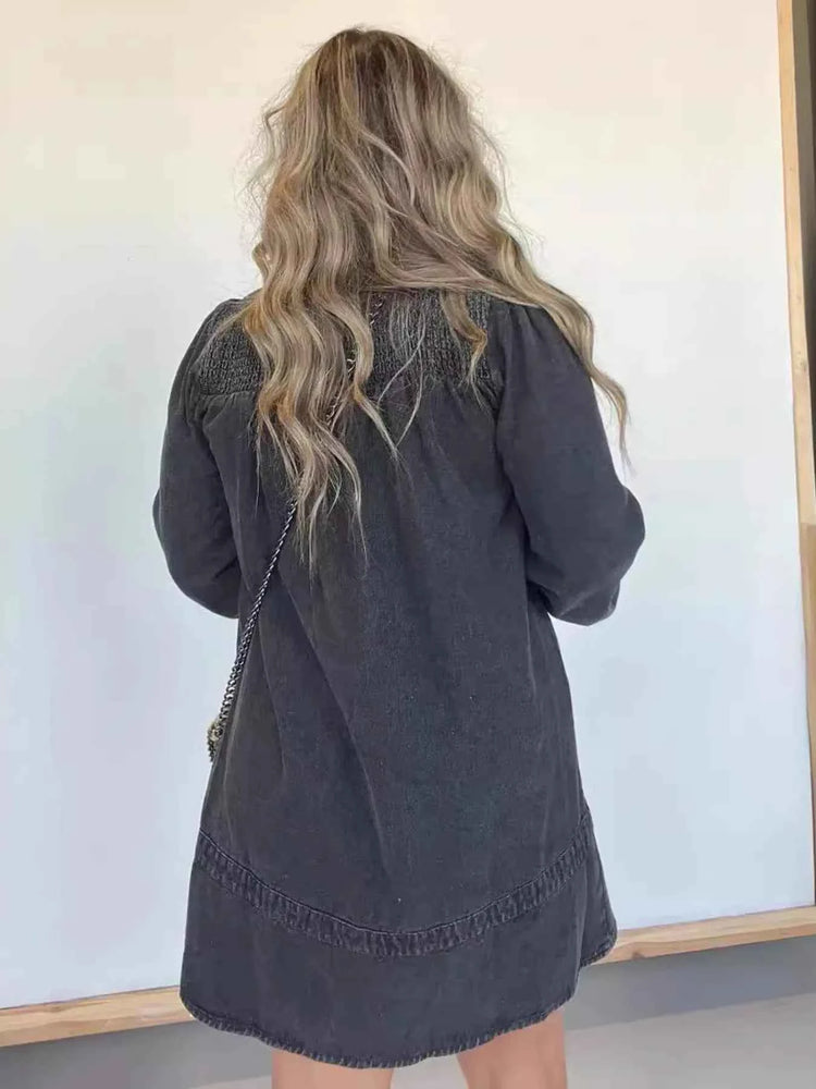Full Size Button Front Long Sleeve Denim Dress Plus Size