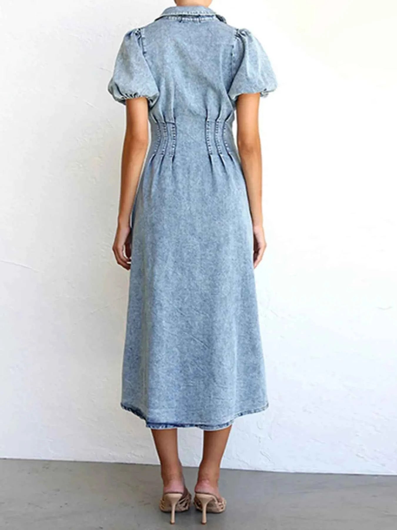 Puff Sleeve Button Front Denim Midi Dress