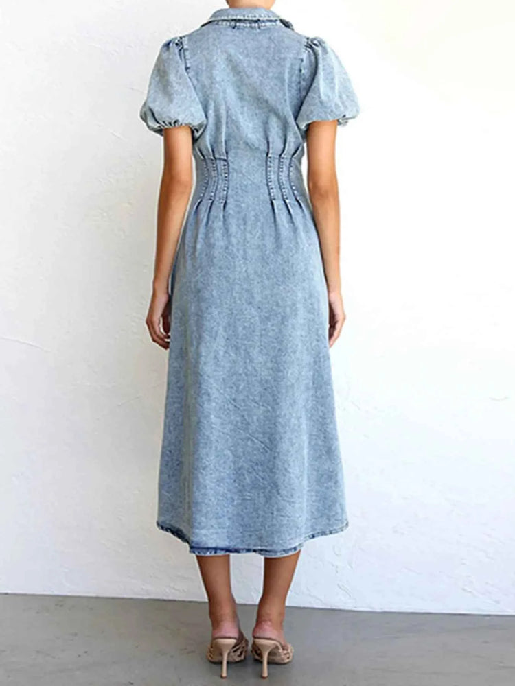 Puff Sleeve Button Front Denim Midi Dress