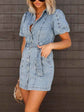 Button-Up Denim Shirt Dress with Puff Sleeves
