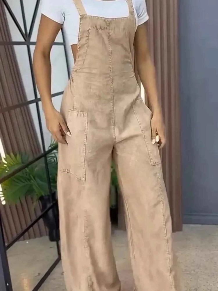 Full Size Wide Leg Washed Denim Overalls Plus Size