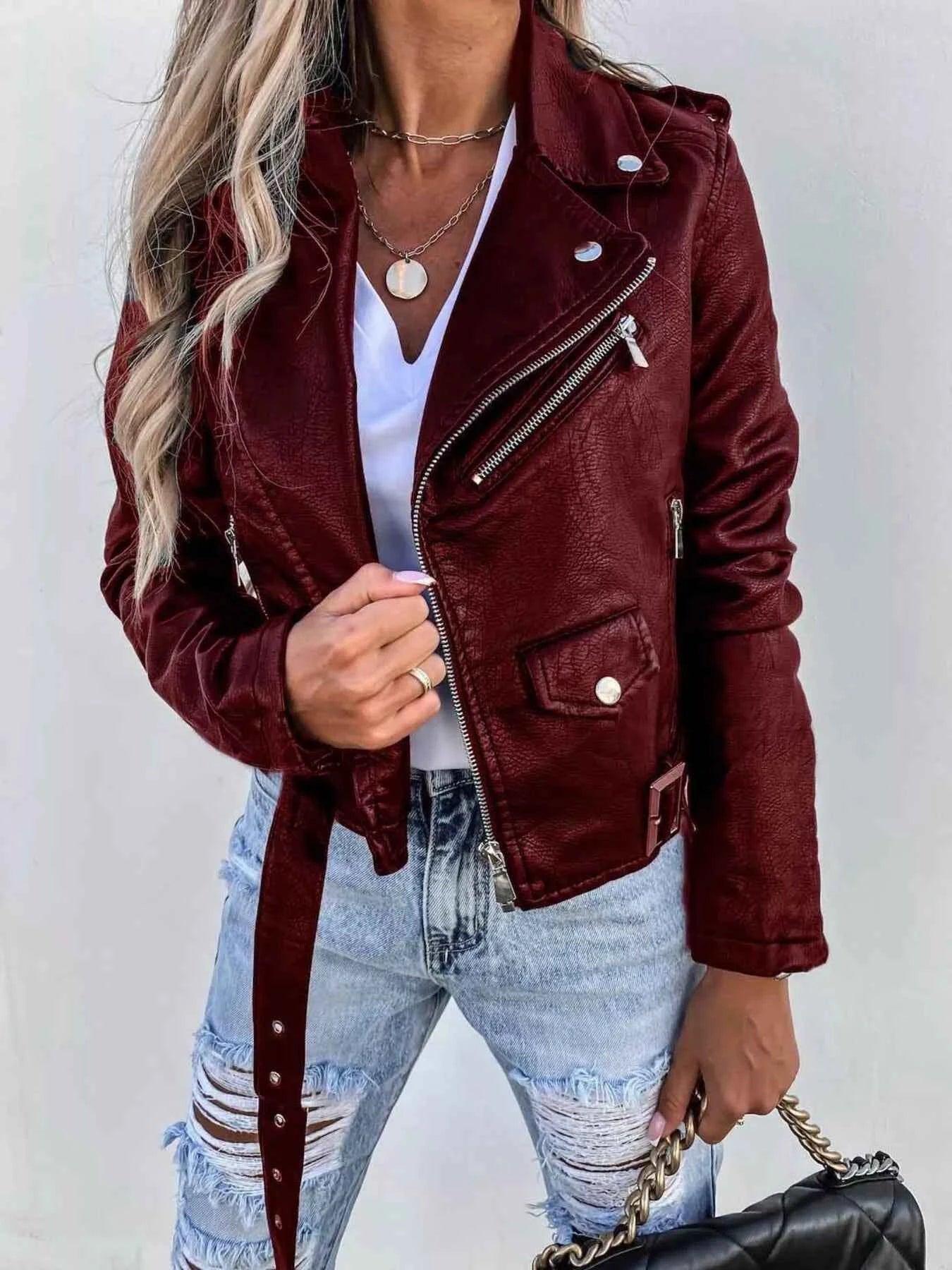 Full Size Zip Up Leather Motorcycle Biker Jacket Plus Size