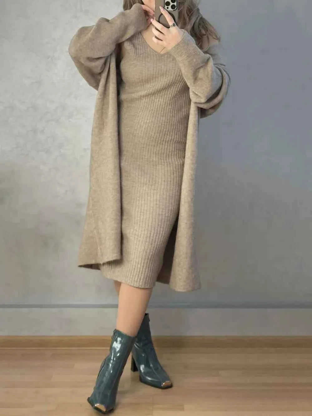 V-Neck Cami Dress and Open Front Cardigan Sweater Set