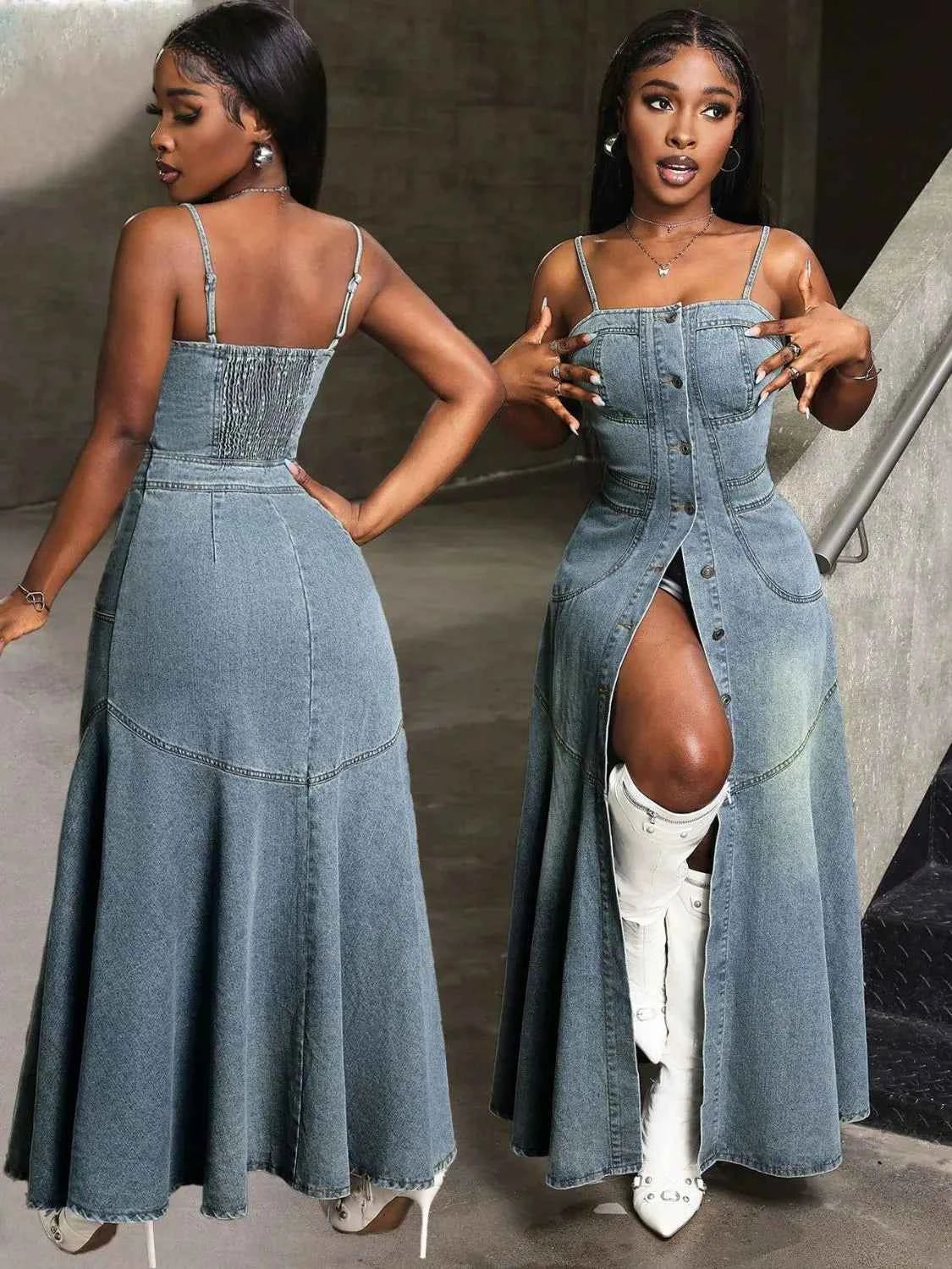 Smocked Button Front Denim Cami Dress