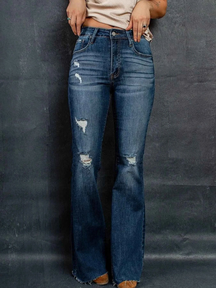 Distressed High-Waisted Flare Jeans