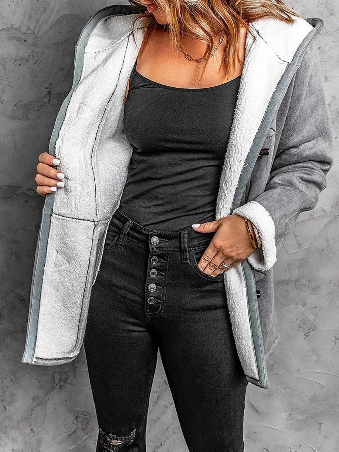 Full Size Cozy Sherpa Lined Toggle Coat with Hood Plus Size
