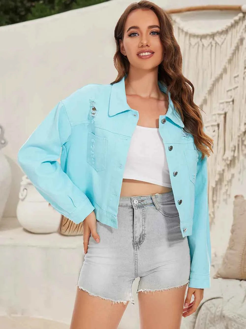 Distressed Denim Jacket with Buttons Up