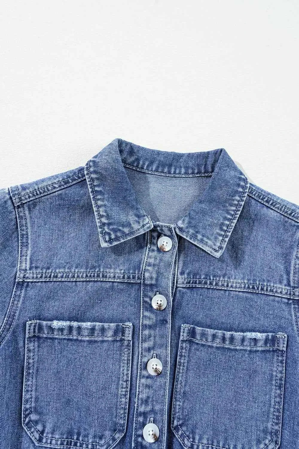 Chest Pocket Front Buttoned Folded Edge Denim Short Sleeve Romper