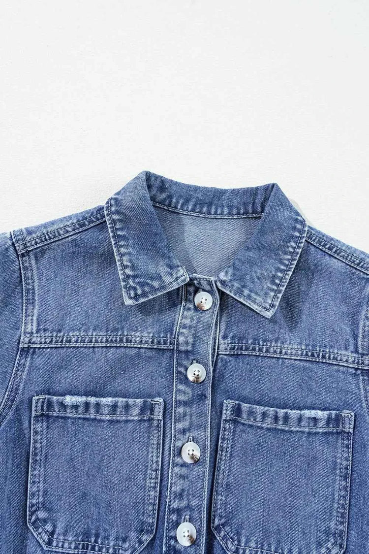 Chest Pocket Front Buttoned Folded Edge Denim Short Sleeve Romper