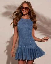 Sleeveless Denim Dress for Women with Cutout Back and Bow Tie - Trendy Casual Fashion