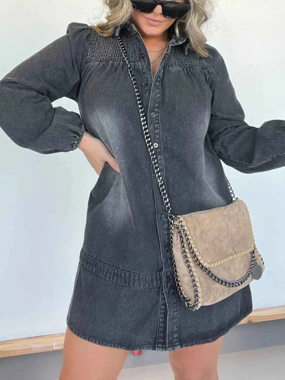 Full Size Button Front Long Sleeve Denim Dress Plus Size