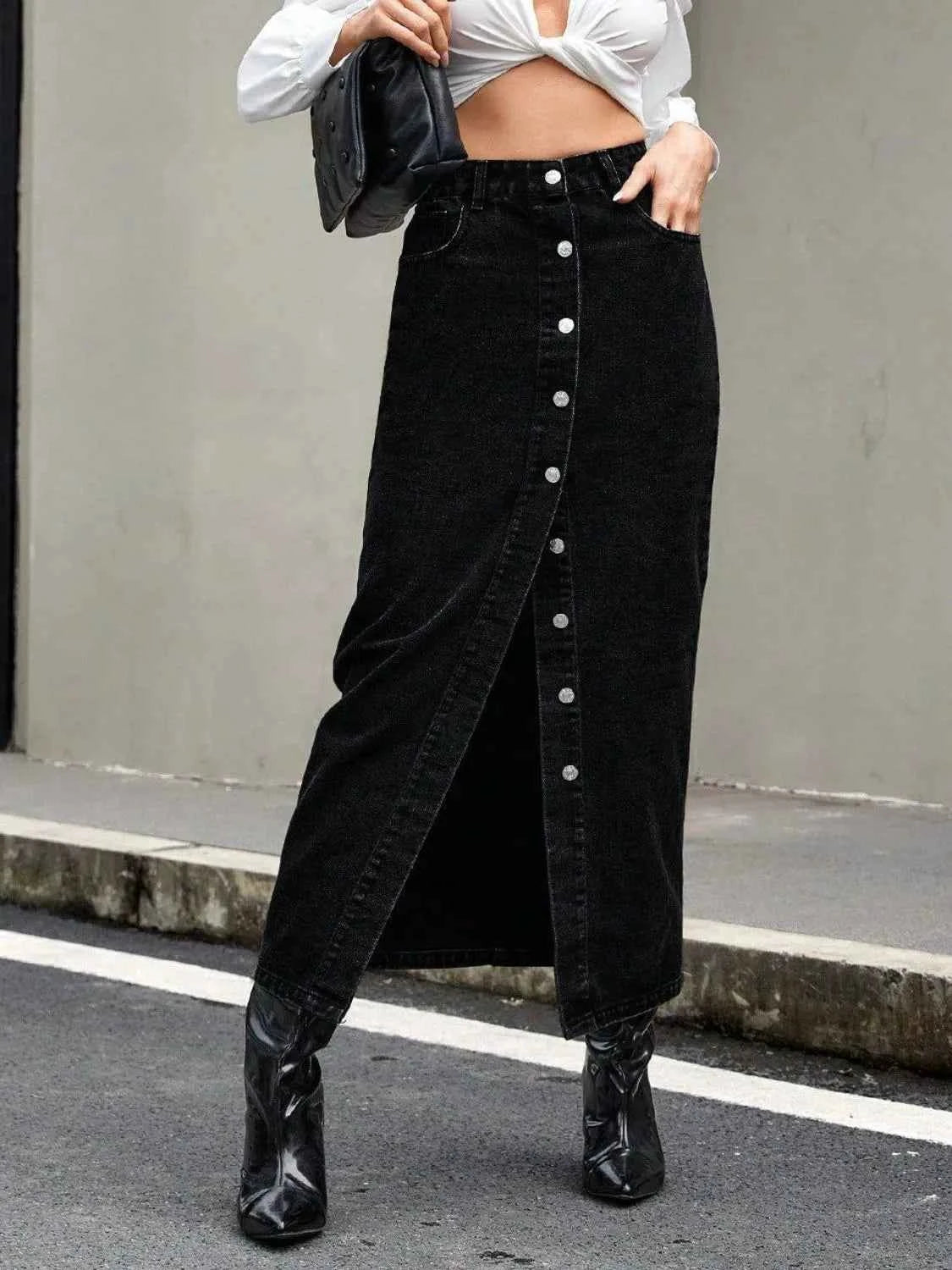 Button Front Denim Skirt