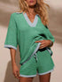 Collared Neck Contrast Striped Top and Shorts Sweater Set
