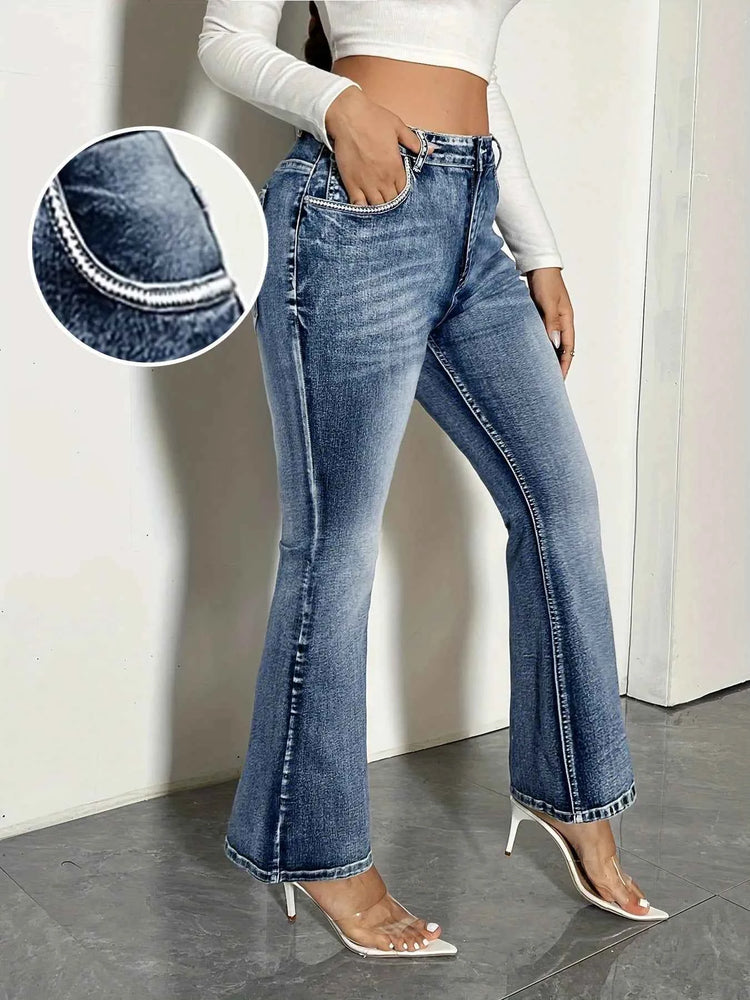High Waist Flare Denim Jeans for Women - Vintage Wash Retro Comfortable Fit