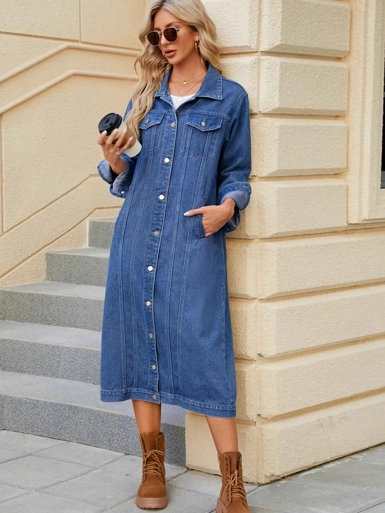 Button Up Long Sleeve Longline Denim Jacket for Stylish Layering