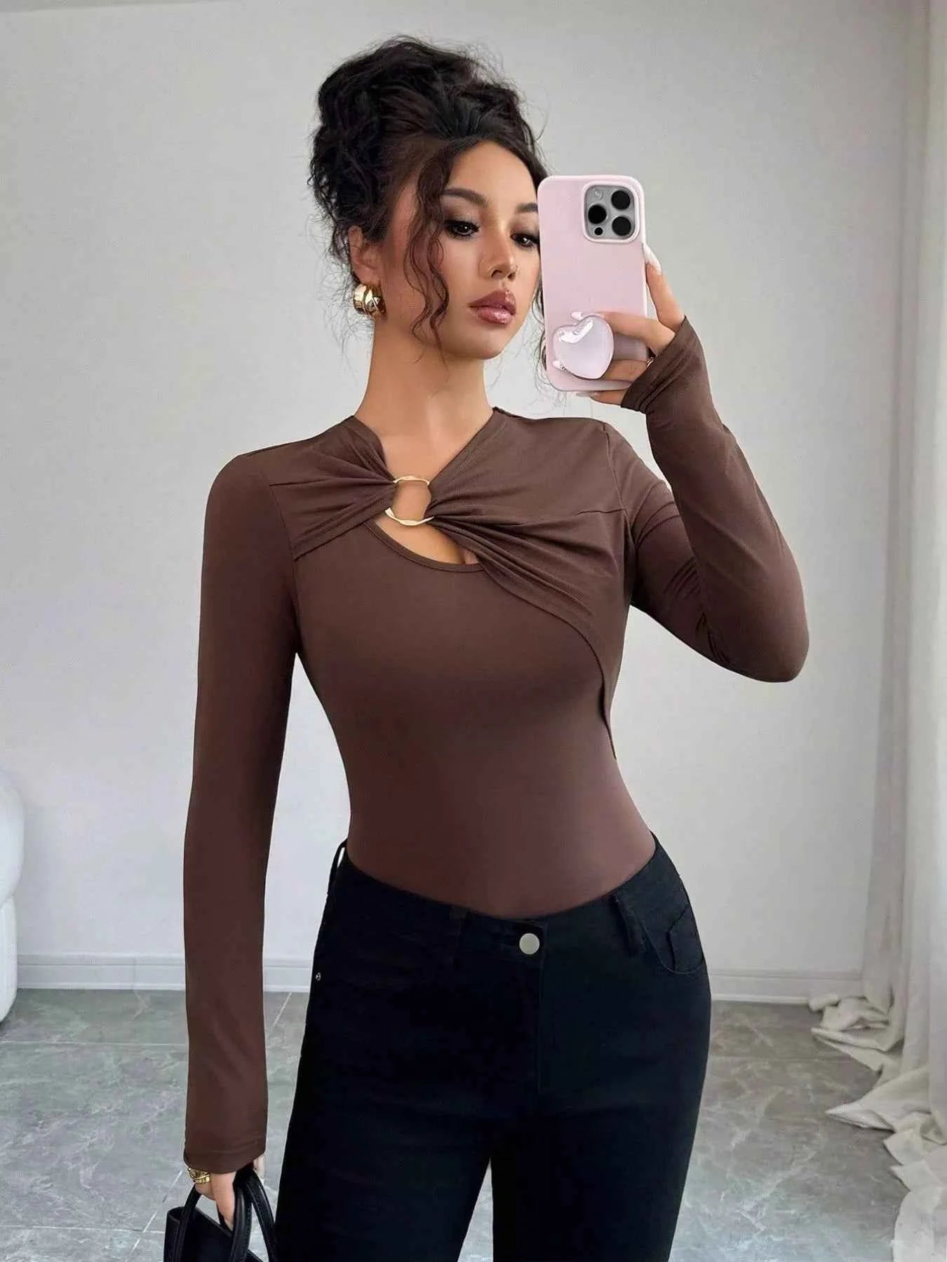 Twist Front Long Sleeve T-Shirt with Ring Detail
