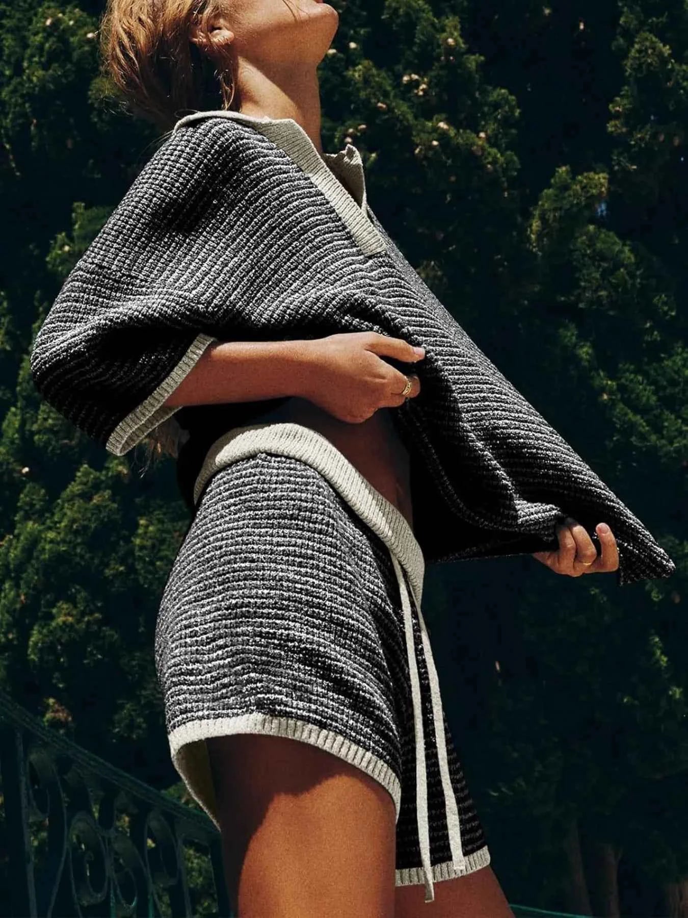 Collared Neck Contrast Striped Top and Shorts Sweater Set