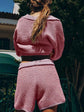 Collared Neck Contrast Striped Top and Shorts Sweater Set