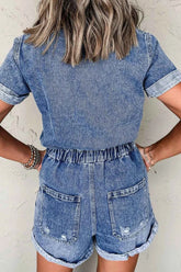Chest Pocket Front Buttoned Folded Edge Denim Short Sleeve Romper