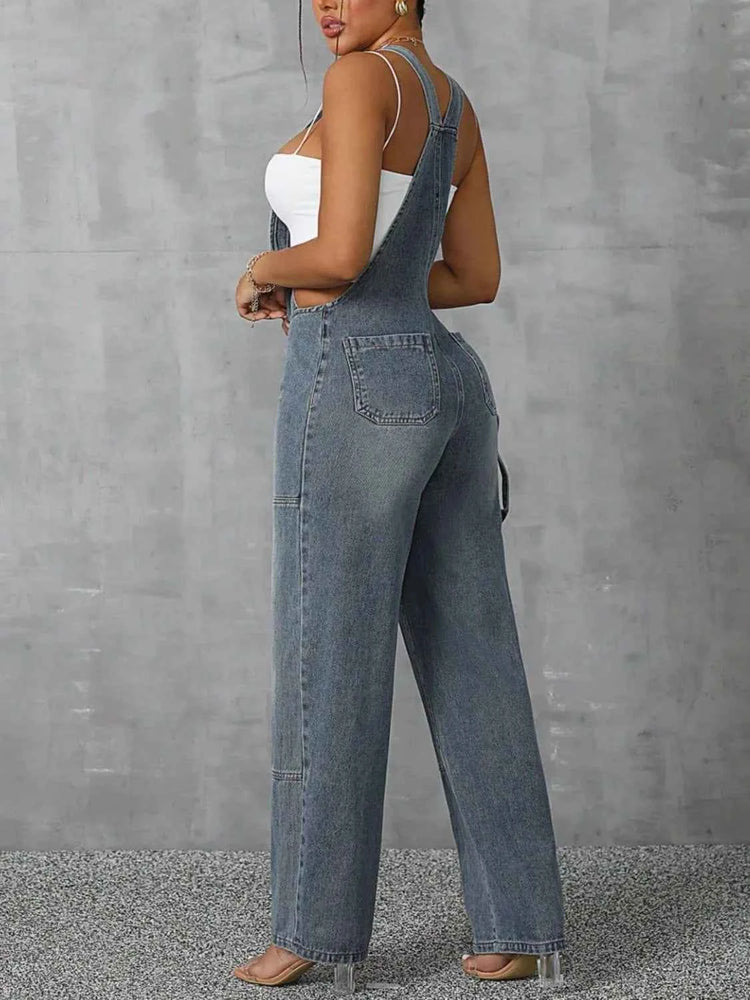 Zip Front Wide Strap Denim Overalls