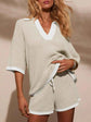 Collared Neck Contrast Striped Top and Shorts Sweater Set