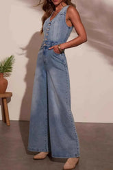 V-neck Denim Jumpsuit with Wide Leg Design