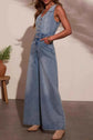 V-neck Denim Jumpsuit with Wide Leg Design
