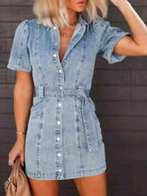 Button-Up Denim Shirt Dress with Puff Sleeves