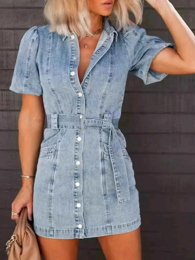 Button-Up Denim Shirt Dress with Puff Sleeves