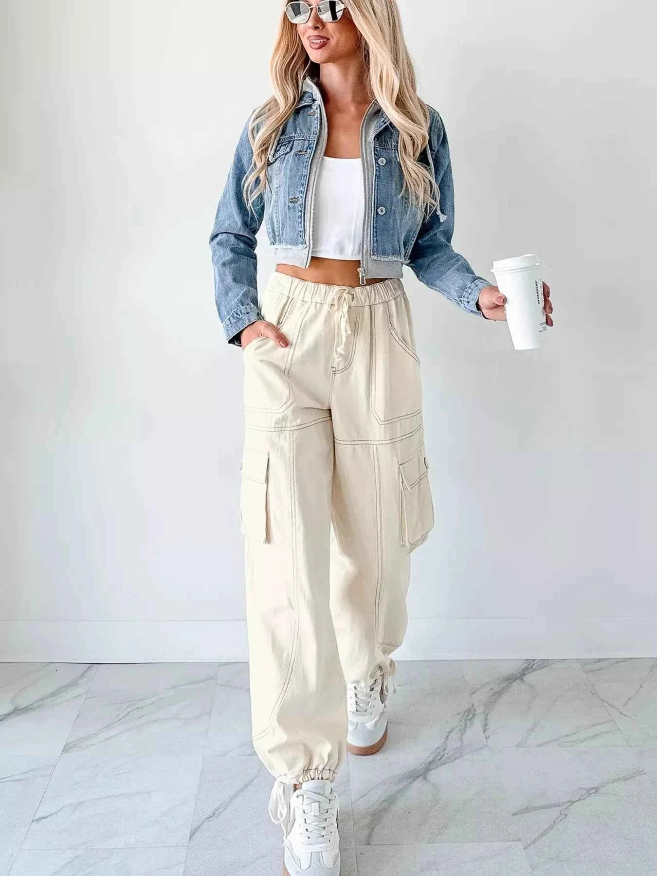 Distressed Zip Up Cropped Hooded Denim Jacket