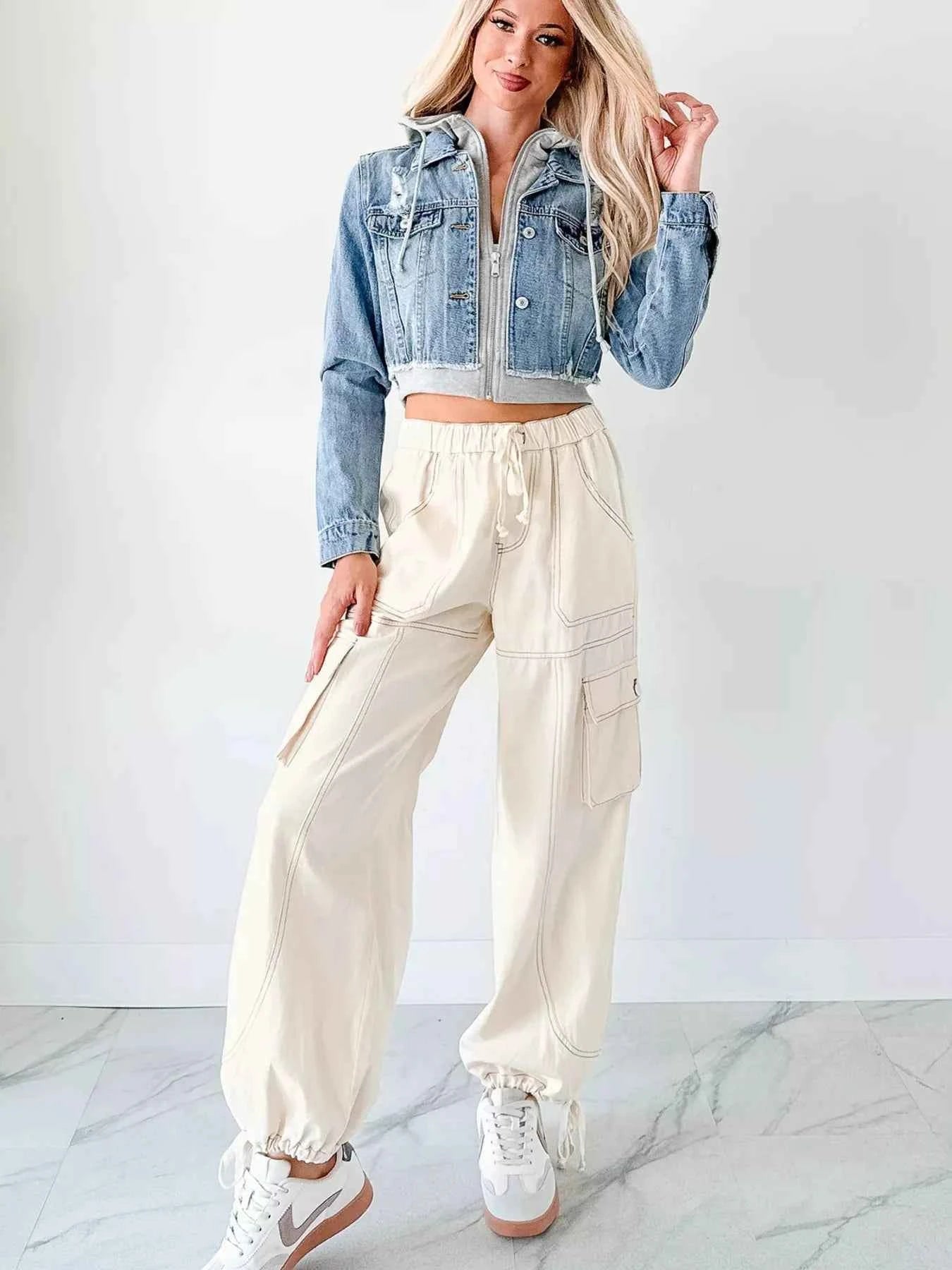 Distressed Zip Up Cropped Hooded Denim Jacket