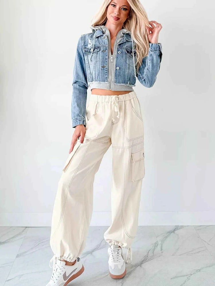 Distressed Zip Up Cropped Hooded Denim Jacket