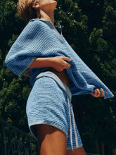 Collared Neck Contrast Striped Top and Shorts Sweater Set