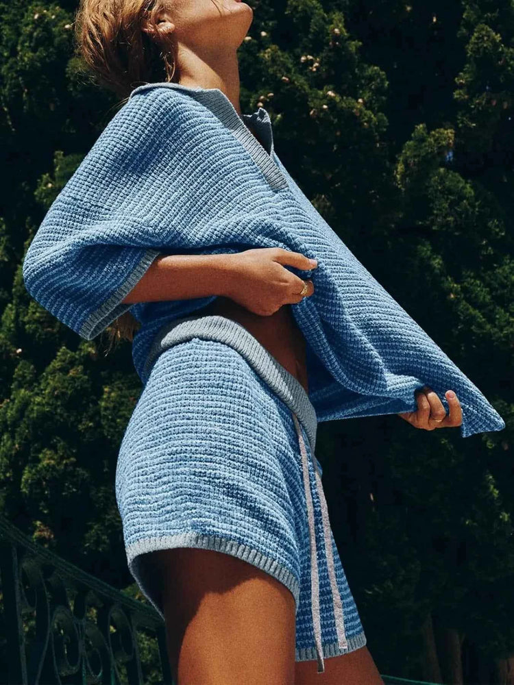 Collared Neck Contrast Striped Top and Shorts Sweater Set