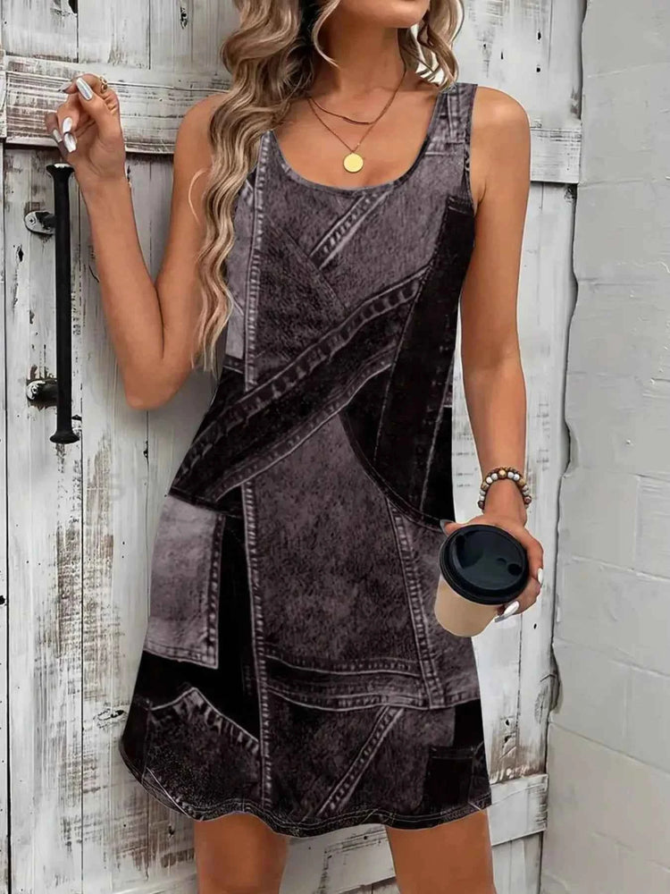 Patchwork Scoop Neck Denim Tank Dress