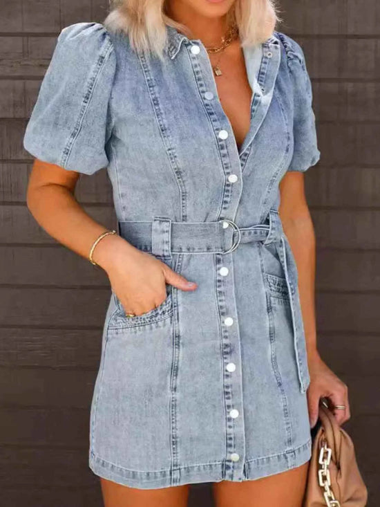 Button-Up Denim Shirt Dress with Puff Sleeves