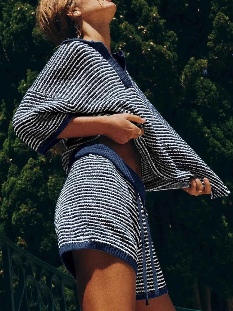 Collared Neck Contrast Striped Top and Shorts Sweater Set