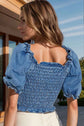 Smocked Denim Top with Square Neck and Short Sleeves