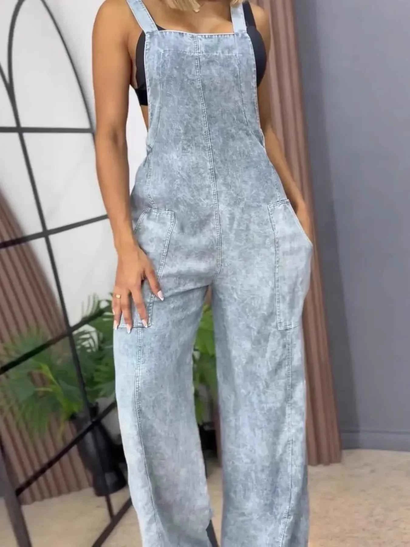 Full Size Wide Leg Washed Denim Overalls Plus Size