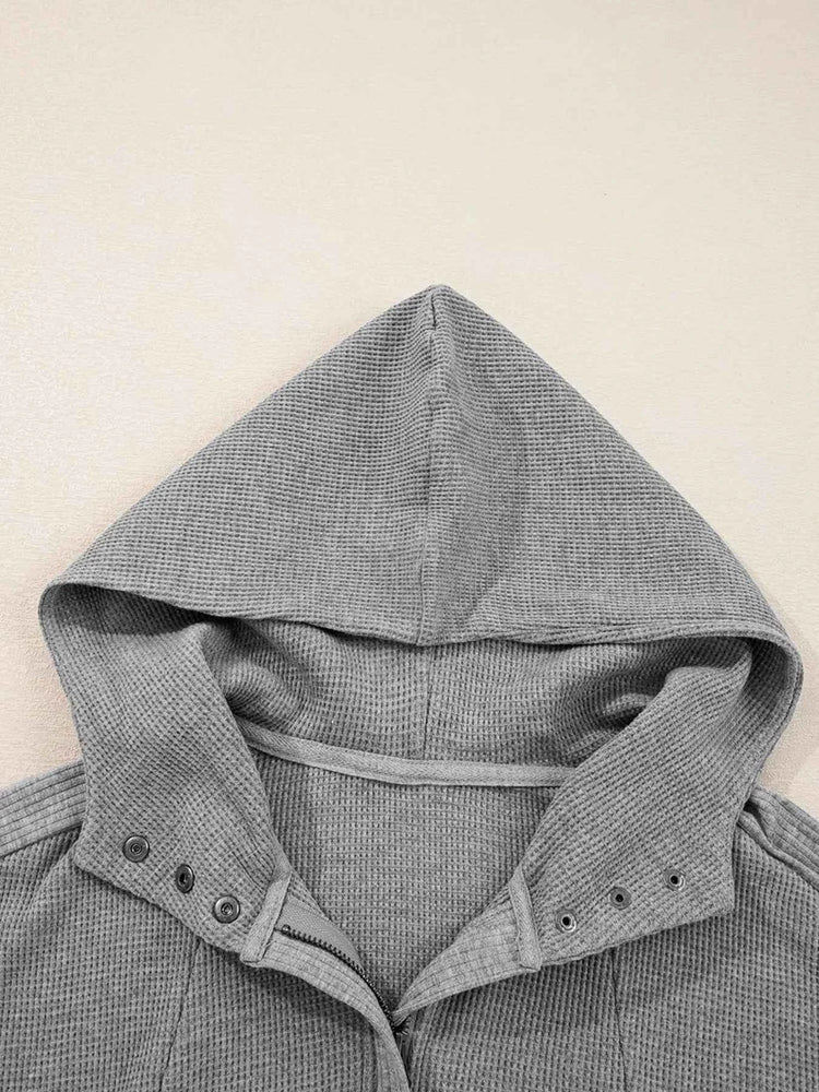 Waffle Splicing Zip Up Front Button Hooded Jacket