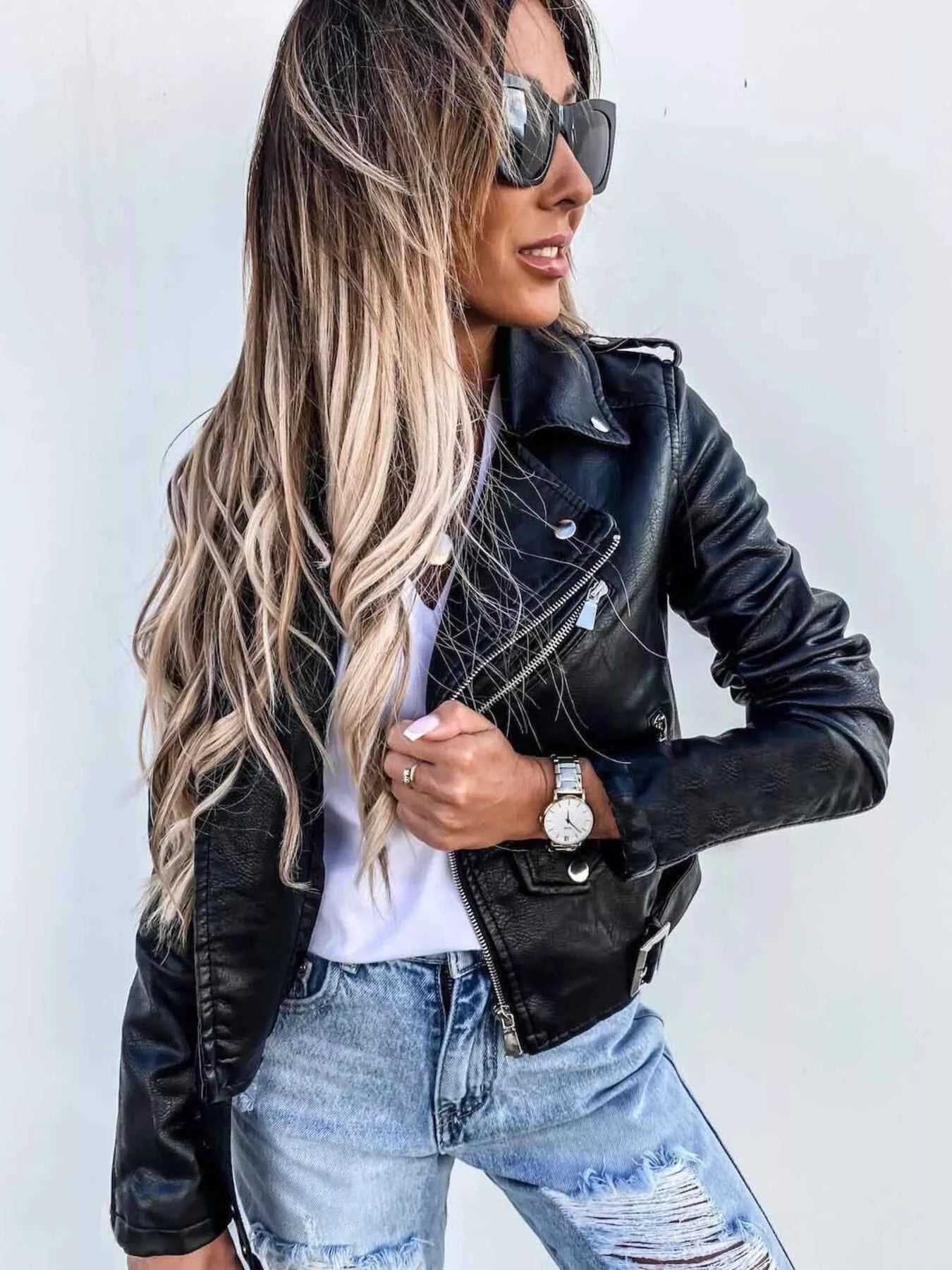 Full Size Zip Up Leather Motorcycle Biker Jacket Plus Size