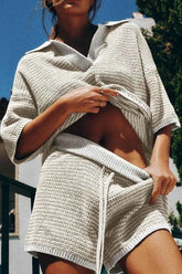 Collared Neck Contrast Striped Top and Shorts Sweater Set