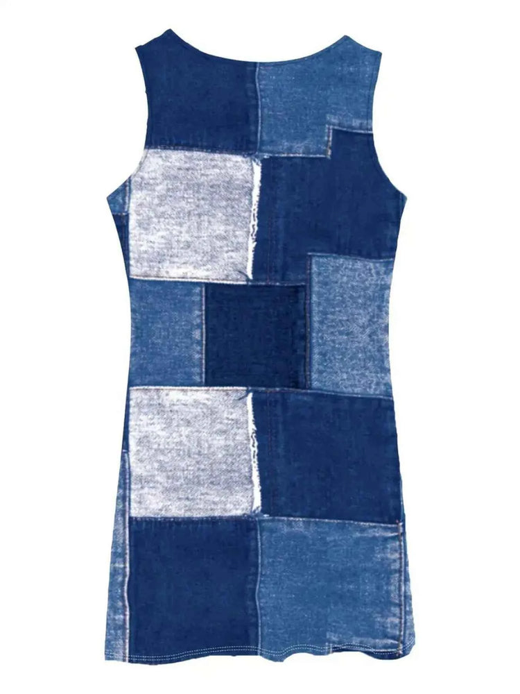 Patchwork Scoop Neck Denim Tank Dress