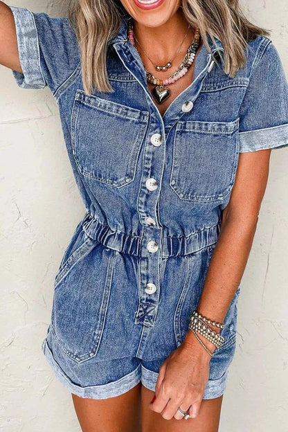 Chest Pocket Front Buttoned Folded Edge Denim Short Sleeve Romper