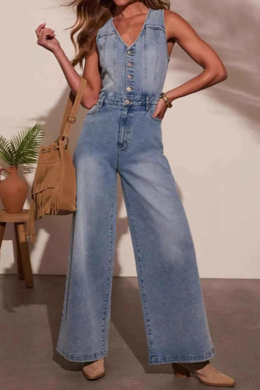 V-neck Denim Jumpsuit with Wide Leg Design
