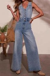 V-neck Denim Jumpsuit with Wide Leg Design