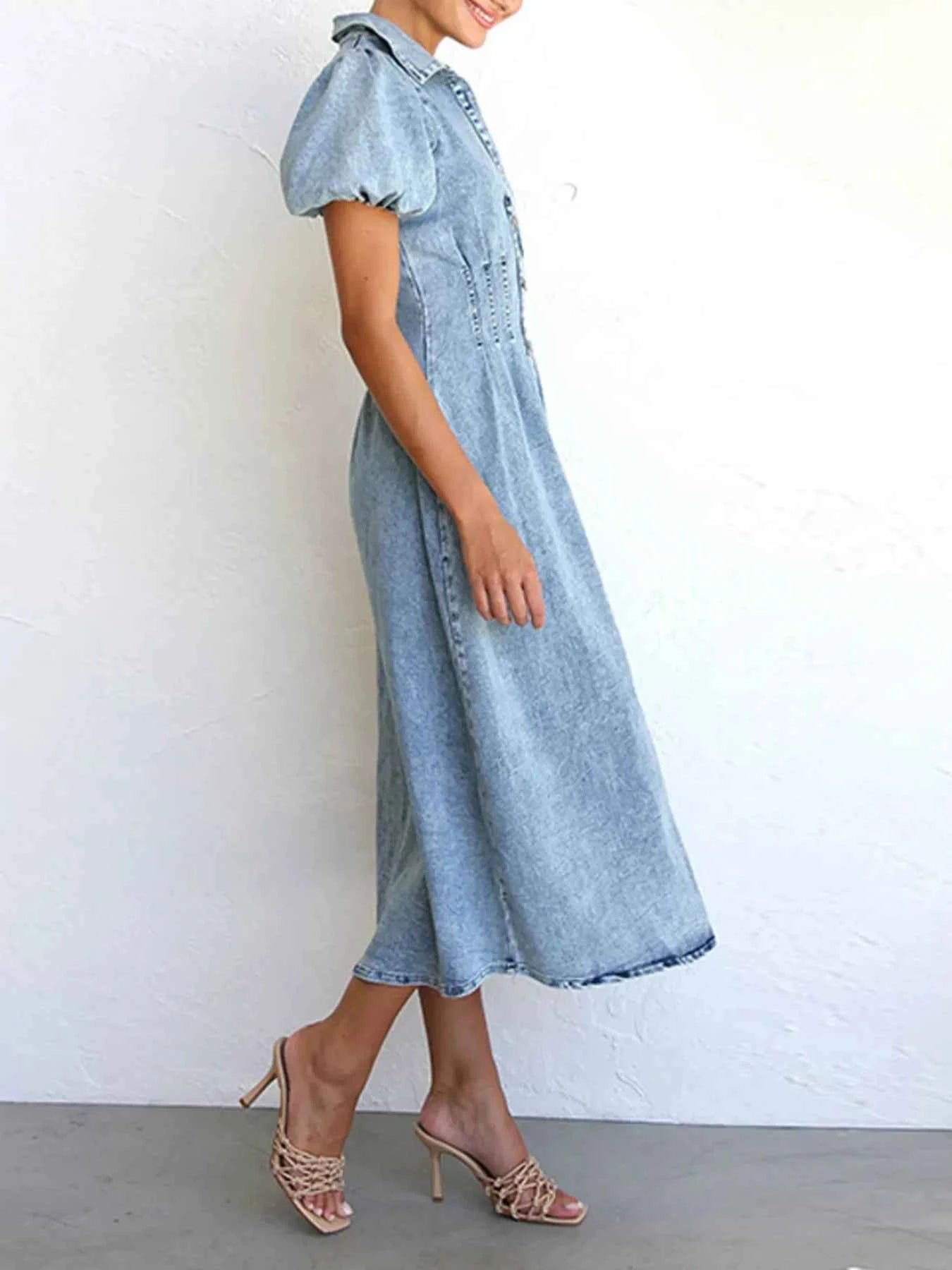 Puff Sleeve Button Front Denim Midi Dress