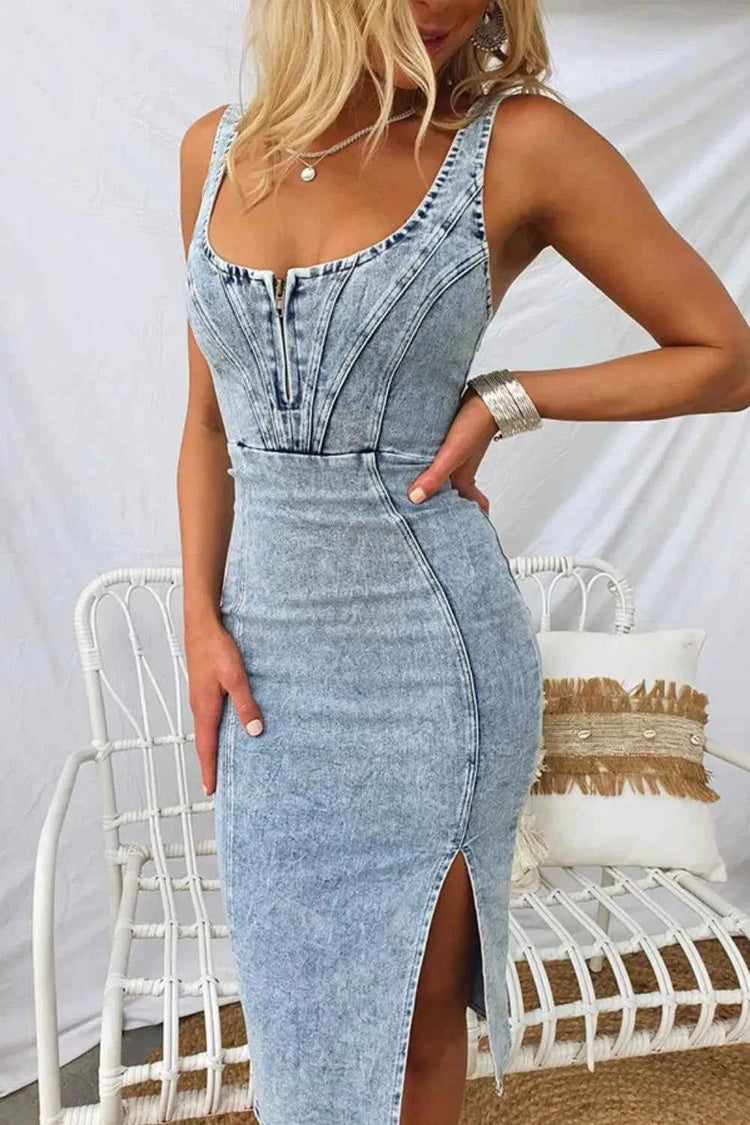 Side Slit Denim Dress with Washed Finish and Scoop Neck Design